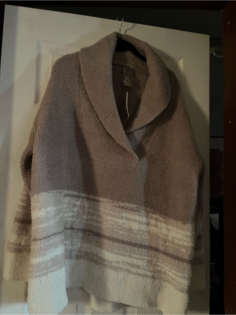 Barefoot Dreams CozyChic shawl collar pullover in taupe-cream, size 1X.